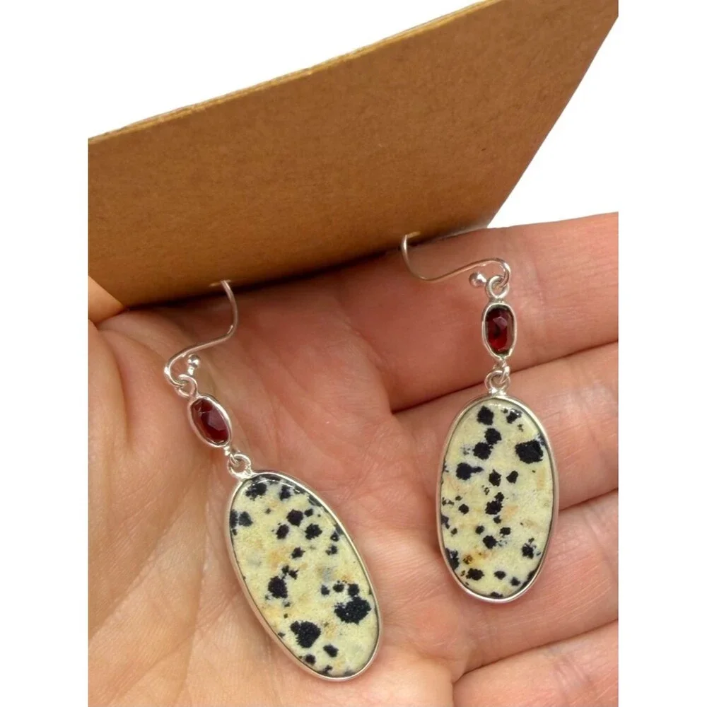 Dalmatian Jasper Garnet Earrings Solid 925 Sterling Silver